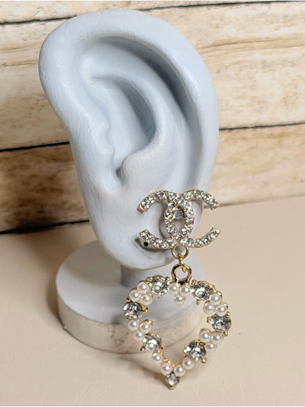 CC Gold-Tone Crystal Heart Drop Earrings - White Pearls